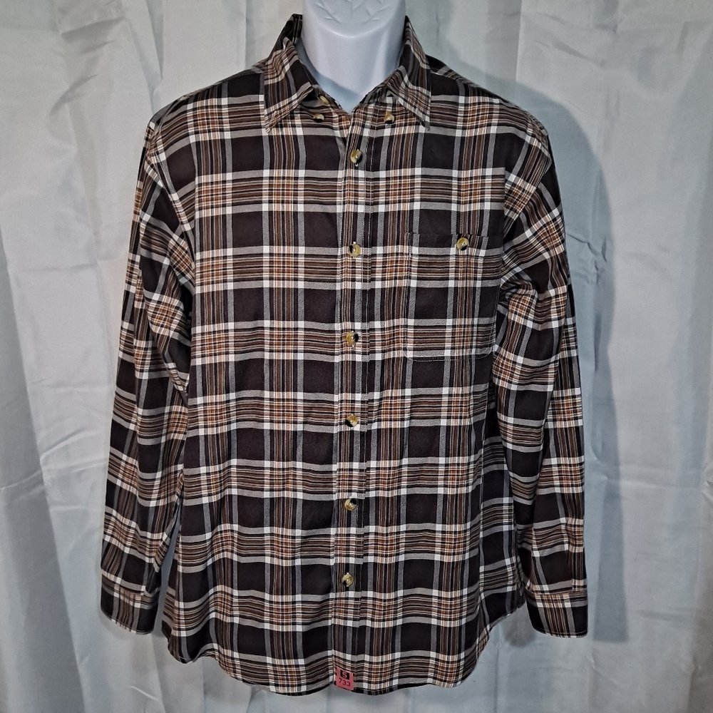 Clearwater Outfitters Shirt Men's Large Long Sleeve Brown White Plaid Button-up